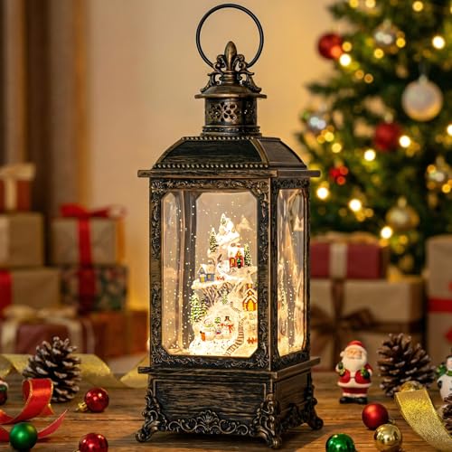Christmas Village Snow Globe Lighted Snowy Mountain Village Scene, Musical Snow Water Lantern Swirling Glittering Home Decoration and Gift, Battery Operated or USB Powered