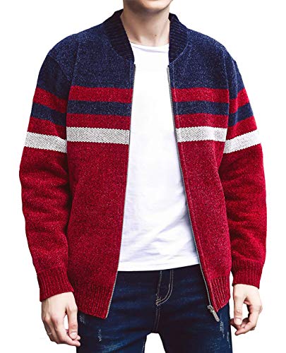 Vcansion Men's Casual Slim Full Zip Thick Knitted Cardigan Sweaters Red 56