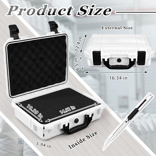 Image of Relaxweex 1 Pcs Waterproof Hard Case with DIY Customizable Foam Insert Portable Protective Case with Knife for Camera Drones Equipments Tools Test Instruments(White,16.3 x 12.4 x 6.5 Inch)