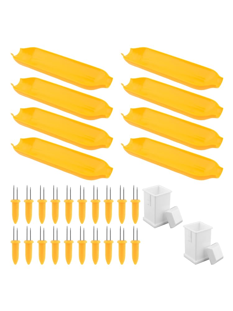 Juego de 30 soportes y platos para mazorcas de maíz, soportes para mazorcas de maíz y kits de esparcidor de mantequilla, incluye 20 soportes para mazorcas de maíz, 8 platos de maíz y 2 esparcidores de