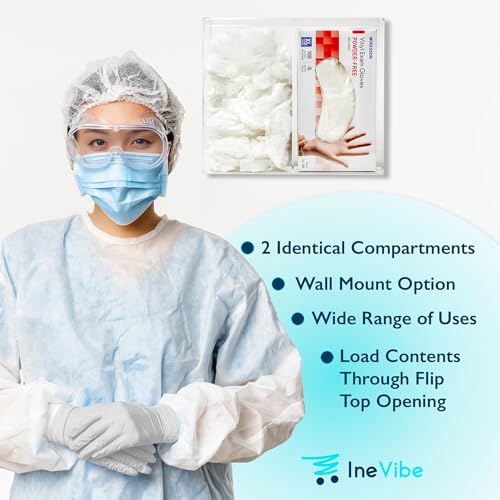 Image of IneVibe Double Hygiene Holder - 2 Compartment Acrylic Dispenser with Lid for Hairnets, Glove Boxes, Face Masks, Plastic Bags, Tissue Boxes in Home or Medical Setting - Counter or Wall Mount (Double)