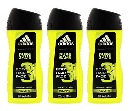 Adidas Pure Game 3-in-1 Relaxing Shower Gel Shampoo & Face Wash 8.4fl oz.(Pack of 3)
