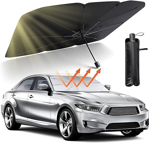 REVOGGO Car Sun Shade, Windshield Sun Shade Uv Rays Protection For Car, Foldable Umbrella Car Shade, Easy To Use Car Sun Shade, The Car Sun Shade Comes With Leather Storage Pouch For Easy Storage.