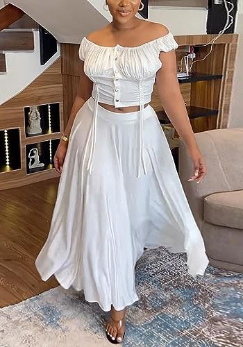 2 Piece Skirt Outfits for Women Sexy Off Shoulder Top Maxi Flowy A Line Skirts Casual Set2