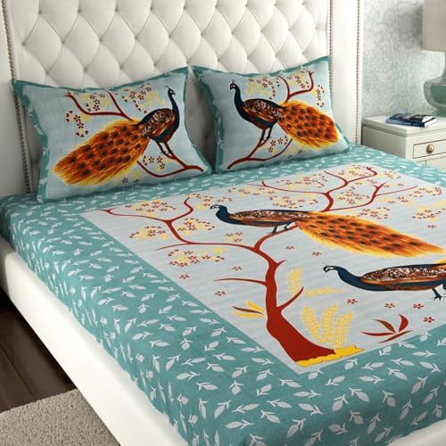 Image of KOUNDAL Rajasthani Jaipuri Sanganeri Printed 144 TC 100% Cotton Bed Sheet Set for Double Bed,Floral Print, Double Bedsheet Cotton with 2 Pillow Covers (Green(Peacock), King)