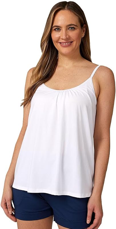 32 Degrees Cool Womens Shirred Flowly Relaxed Lounge Built-in Cups Shelf Bra Tank Cami, White, Small