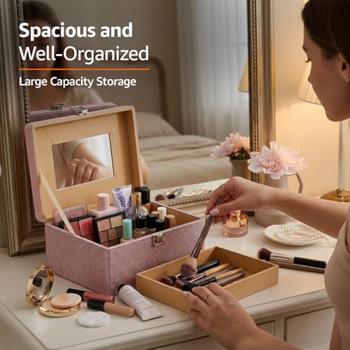 Image of Amazon Basics Bridal Vanity Box - Large Capacity Cosmetic Organizer for Women, Faux Leather & MDF Beauty Case for Makeup, Brushes, and Skincare - Stylish Travel & Home Storage, Pink