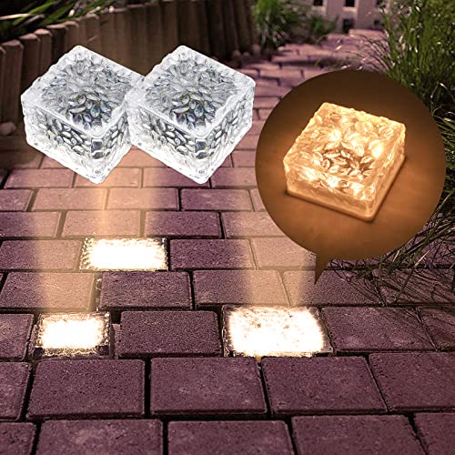 MEDOYOH 2er-Set Warmweiß Licht Solar Glas Pflastersteine Außenleuchte, 7x7x5cm On/Off Lichtsensor Wegbeleuchtung Wasserdicht Bodenstrahler Solar für Patio Garten Hof Weg Terrasse