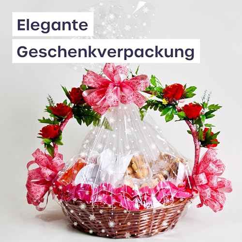 volila Durchsichtiges Geschenkpapier Weihnachten (1 Rolle 40 cm x 30 m) - Geschenkfolie Transparent mit Schneeflocken-Muster - Klare Geschenkpapier Rolle für Obst, Gebäck, Präsentkorb, Geschenke