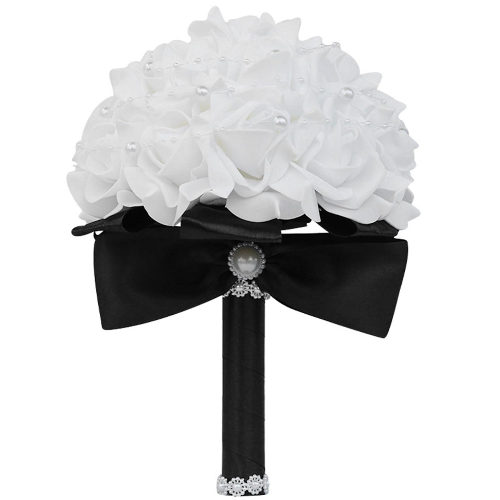 Garrrdenfurni Wedding Bouquets for Bride/Bridesmaid Handheld White Bridal Bouquet with Black Handle & White Pearl 9x7 Lifelike PE Artificial Flowers for Wedding