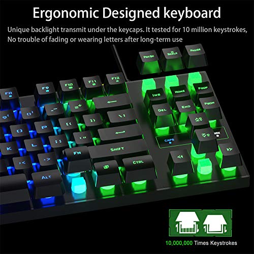 MFTEK RGB Rainbow Gaming Keyboard and Mouse Combo, Compact 87 Keys Backlit Computer Keyboard with Gaming Mouse, USB Wired Set for PC Gamer Laptop Work