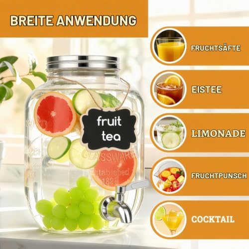 Deefongo 4L Glas Getränkespender mit Ständer, Edelstahl Zapfhahn – Ansicht 3