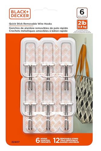 Image of Black+Decker Wire Toggle Wall Hooks, Quick Stick Adhesive, Removeable, 6 Wall Hooks, 12 Adhesive Strips, Hang Decorations Without Damaging Walls, up to 2 lbs., Clear