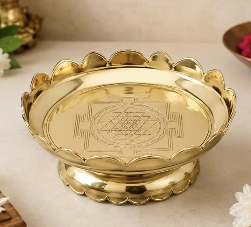 Image of Brass Shree Yantra Lotus Stand | Decorative Brass Yantra for Pooja Temple Home Office and Spiritual Decor | Lotus Base Design (7 Inches)