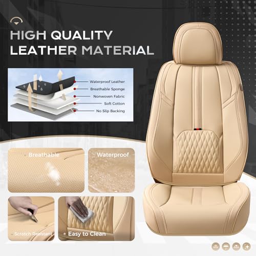 Image of Coverado Car Seat Covers, Front Seat Covers with Lumbar Support, Beige Leather Seat Cover for Cars, Waterproof Car Seat Protector, Automotive Seat Cover Car Seat Cushion Universal Fit for Most Cars