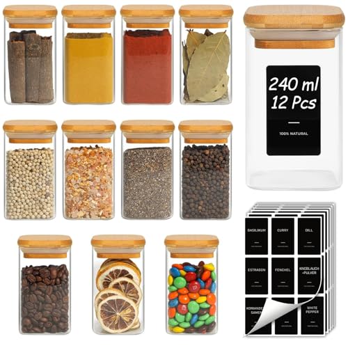 ComSaf Gewürzgläser Eckig 12 x 240 ml Gewürzgläser aus Glas mit Bambusdeckel Luftdichte Gewürzbehälter mit 54 Etiketten für Gewürze Tee Vorräte Vorratsschrank und Küche