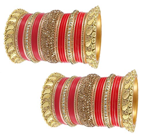 Image of NMII Traditional Gold Plated Acrylic Bangles Bridal Chuda Set For Women & Girls with Zircon Diamond & Pearls Beads Work | Royal Wedding Chudas | Premium Look | Bangles For Wedding, Festive, Function