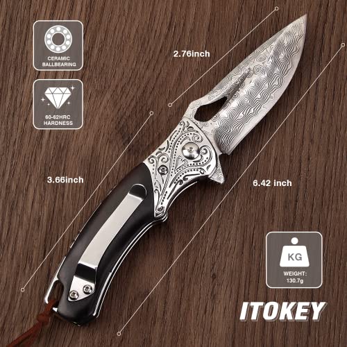 ITOKEY Damascus Steel Pocket Knife, Folding Knife with Clip, Cool