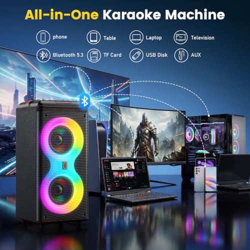 Image of JYX 240W Trolley Party Speaker, 12 Hours Playtime with 2 UHF Wireless Mics, Bluetooth v5.3, Karaoke Party Box, TWS, 6.35mm Guitar Mic Inputs & AUX USB Type-C Port, RGB LED Lights (Black)