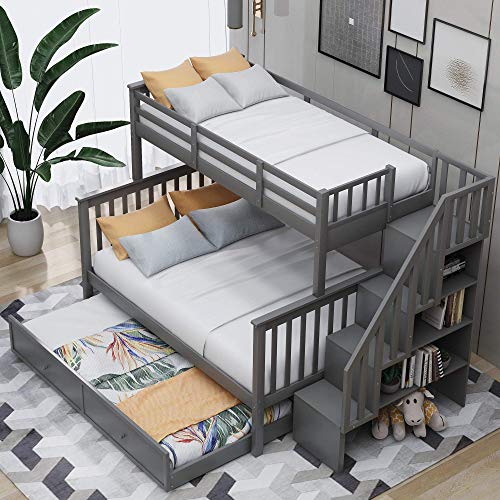 Twin Over Full Bunk Bed, Wood Twin Over Full Bunk Bed Frame with Trundle and Storage Shelves, Twin Over Full Size Bunk Bed Frame with Guardrails and Stairs for Kids Boys Girls Teens Adults, Grey