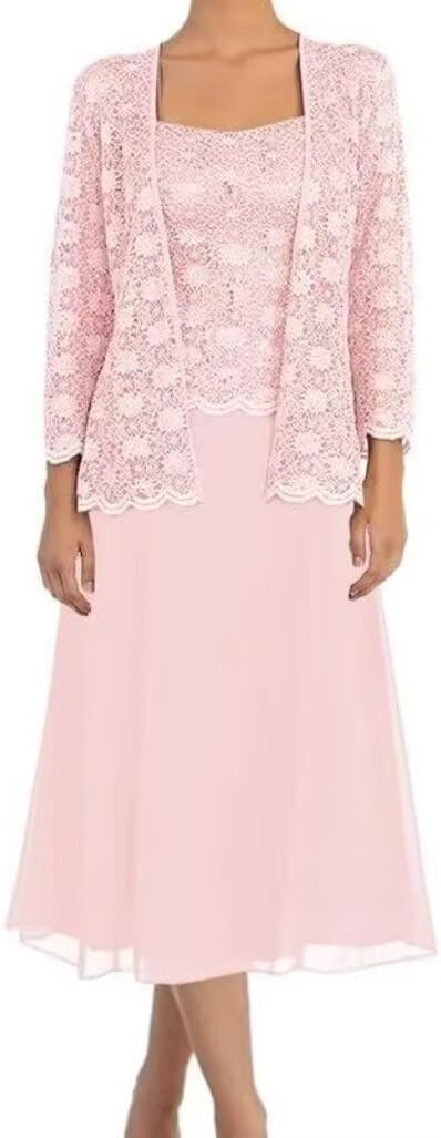 Tea Length 2 Piece Mother of The Bride Dresses with Jacket Laces Mother of The Groom Dresses Formal Evening Dress