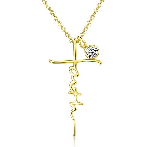 JIYVY32 Cross Faith Necklace for women White Gold/14K Gold/Rose Gold Cross Jewelry Wedding Anniversary Christmas Birthday Gifts for Wife Her Mom grandkids, Womens Christian Jewel with Birthstone Pendant
