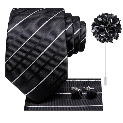 Image of Dubulle Mens Tie and Lapel Pin Paisley Black White Striped Floral Necktie for Men Pocket Square Cufflinks Wedding Party