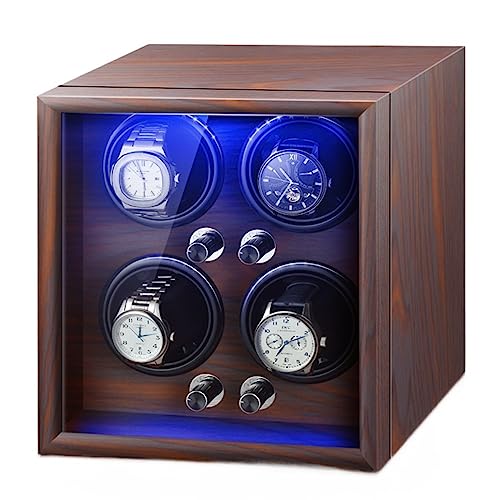 OOMRNV Caja Enrollable De Lujo para 2, 4 Y 6 Relojes Automáticos con Motores Silenciosos, Vitrina De Madera, Almohada Flexible para Relojes, Luz Led Incorporada.,Black-4+0