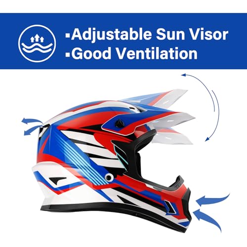 Image of XFMT Youth Dirt Bike Helmet DOT Kids Full Face Helmet for Motocross ATV Off-Road Street Bike Four Wheeler with Goggles & Gloves, Red White and Blue X-Large