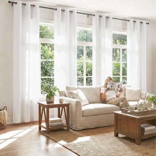 Image of jinchan Linen White Curtains 84 Inch Long for Living Room Bedroom Farmhouse Grommet Top Light Filtering Window Drapes 38x84 Off White 2 Panels
