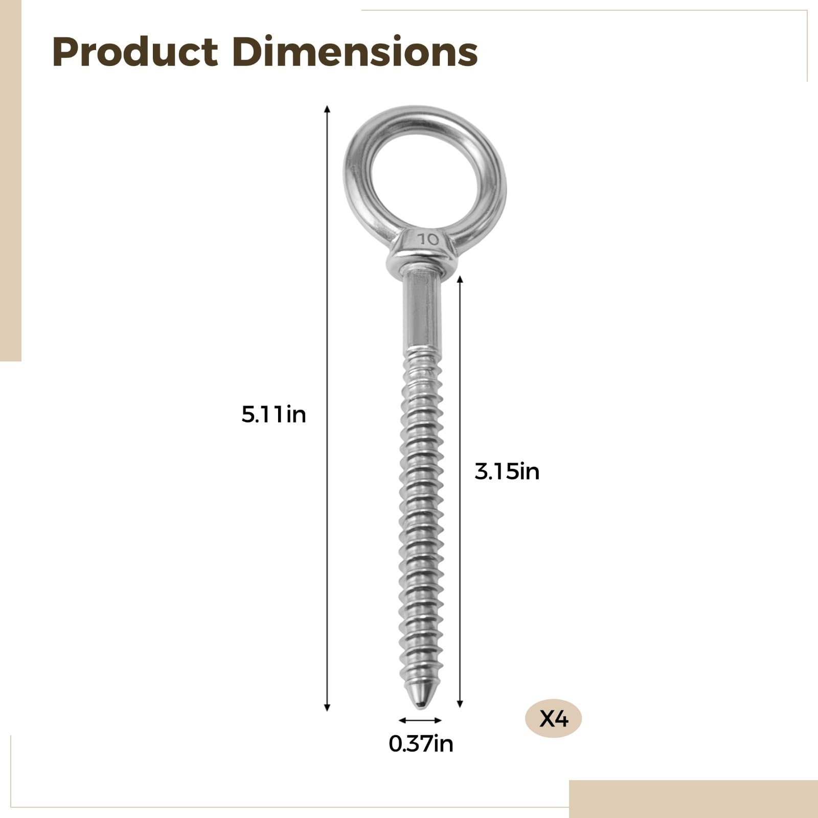 Lot de 4 crochets à œil en acier inoxydable 304, 10 mm, vis autotaraudeuses à visser, crochets de suspension robustes, argent