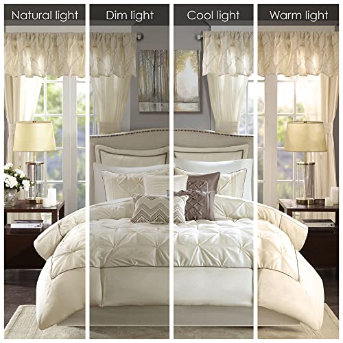 Madison Park Essentials Room in a Bag Faux Silk Comforter Set - Luxe Diamond Tufting All Season Bedding, Matching Curtains, Decorative Pillows, Ivory King(104"x92") 24 Piece