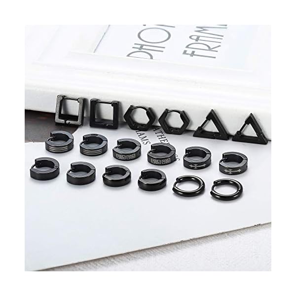 Thunaraz Stainless Steel Black Hoop Earrings for Men Women Huggie Triangle Square Round Geometric Stud Earrings Set - Image 4