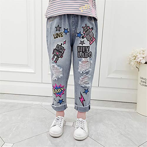 Big Girls Kids Child Distressed Ripped Hole Teens Jean Cartoon Robot Letter Print Denim Pants2