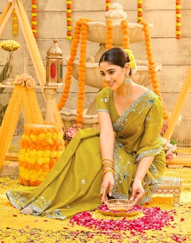 Image of SIRIL Women's Georgette Embroidery Saree With Unstitched Blouse