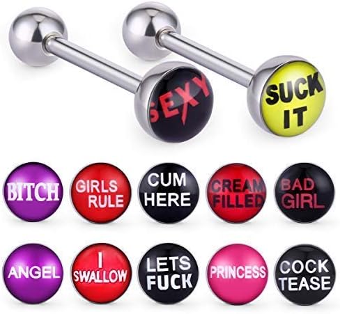 COTTVOTT 12pcs Fancy Words Pictures Logo Stainless Steel Straight Barbells Tongue Rings Bars Piercing Jewelry