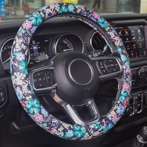 KAFEEK Leather Steering Wheel Cover Cute, 14.5-15inch, Auto Floral Steering Wheel Protector, Anti-Slip, Breathable, Absorbing Sweat, Car Accessories for Women, Dark Blue