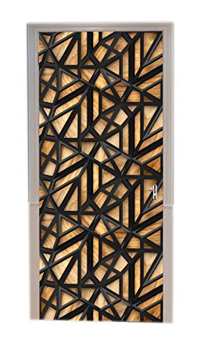 A.Monamour Sticker Porte Autocollant Poster de Porte 3D Carreaux De Treillis Loft Noir Sur Fond De Chêne En Bois Art Abstrait Vinyle Affiche de Porte Sticker Mural Papier Peint Art Décor 90 x 200 cm