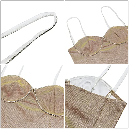 Suillty Women's Sexy Glitter Rhinestone Spaghetti Strap Mini Dress Low-Neck Sleeveless Backless Party Club Bodycon Dress Apricot #TOP4