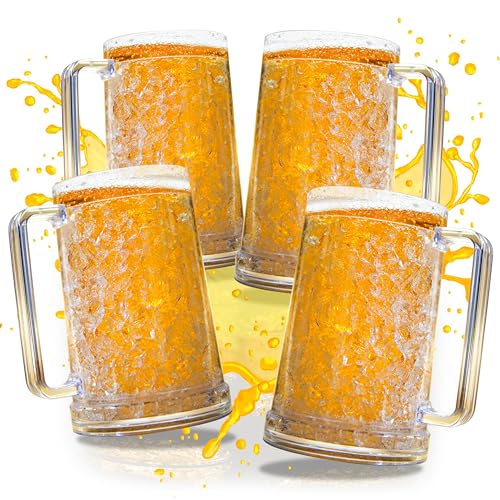 Comparison: Best Freezer Beer Mugs 4 Granatan Beer Mugs with Gel Freezer 16 oz, Clear Double Walled Beer Mugs with Handles Set Of 4