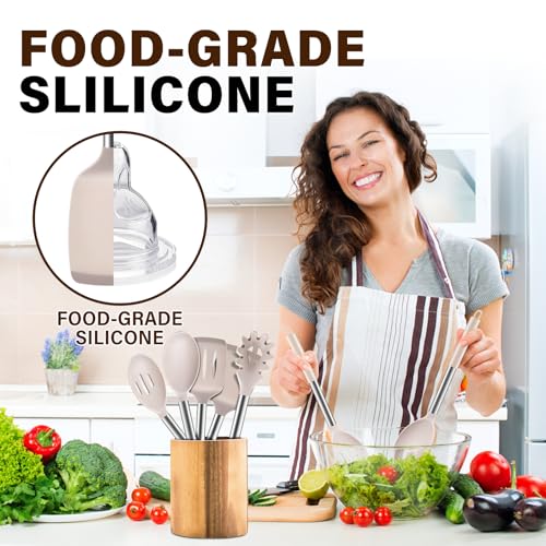 Image of 5Pcs Silicone Cooking Utensils Set, Heat Resistant Kitchen Tools Include Solid&Slotted Spatula, Cooking Spoon and Pasta Server, Silicone Kitchen Utensils set for Nonstick Cookware Flipping, Khaki