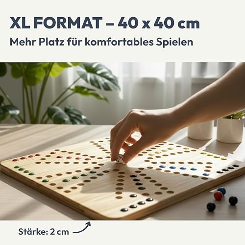 Ludibel – Tock & Ludo Spiel aus Holz XL 40x40 cm – Großes Brettspiel für 4 oder 6 Personen – Für Kinder, Erwachsene & Senioren – Inkl. Karten, Würfel & Glasmurmeln