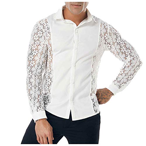 Chemise hommes pure color fashion dentelle ajourée à manches longues pour look clubbing original