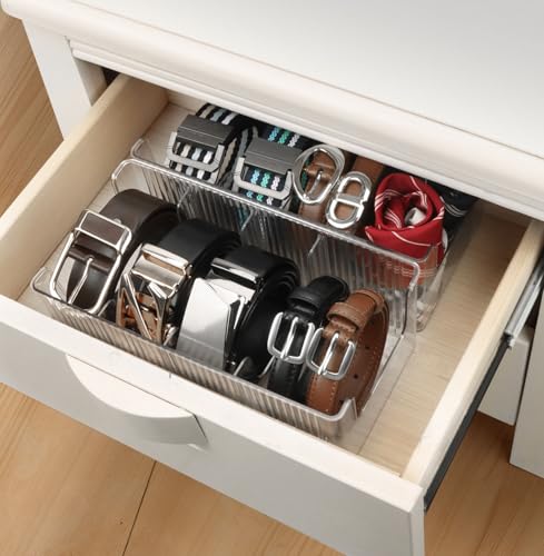 Image of Acrylic Belt Organizer - 2 Pack with Adjustable 4 Compartments & Stackable Design, Clear Storage for Closet and Drawer Organization