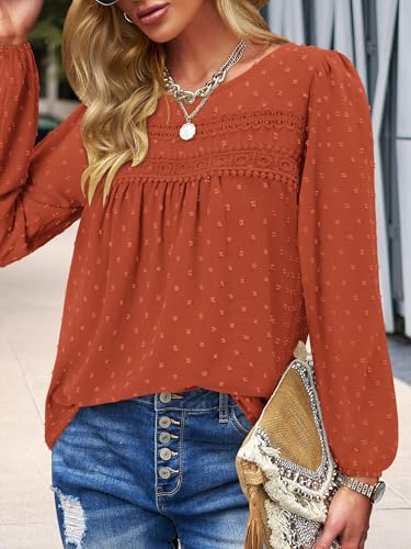 BETTE BOUTIK Womens Boho Fall Long Sleeve Shirts Crewneck Dressy Casual Blouses Trendy Flowy Tops