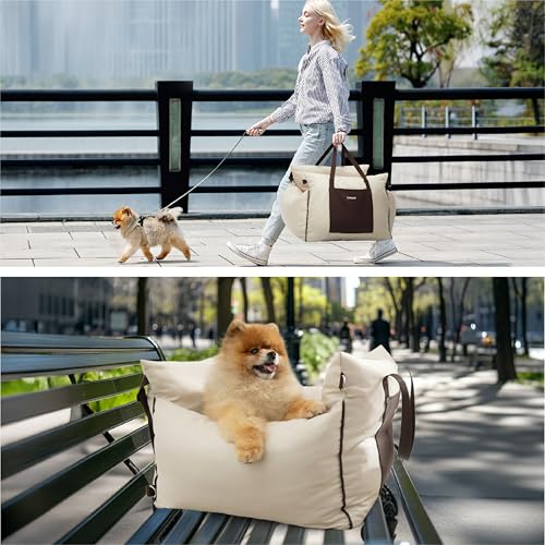 Lesure Hundesitz Auto kleine Hunde - wasserdichter und waschbarer Hunde Autositz mit Aufbewahrungstaschen, ansteckbarer Sicherheitsleine und verdickter Memory-Schaum-Füllung, 58x56x33cm, Beige