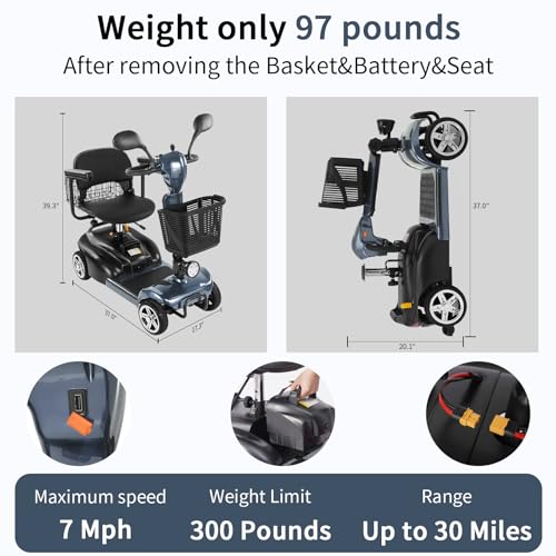 Image of Mobility Scooter for Seniors /Adults,20 /35 Miles up to 300lbs Capacity, 4 Wheels Mobility Scooters 350W 7MPH,USB Charging Detachable Lithium Battery with Rear Mirror