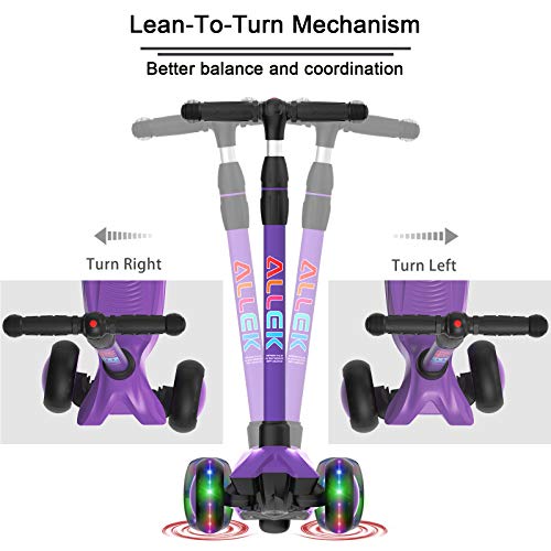 Image of Allek Kick Scooter B03, Lean 'N Glide 3-Wheeled Push Scooter with Extra Wide PU Light-Up Wheels, Any Height Adjustable Handlebar and Strong Thick Deck for Children from 3-12yrs (Purple)