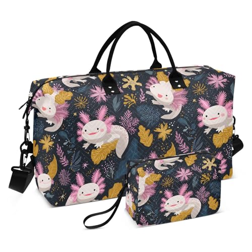 Funny Axolotl Leaf Blossom Large Travel Duffle Bag Weekender Overnight Bags Gym Yoga Bag for Women Men with Toiletry Bag