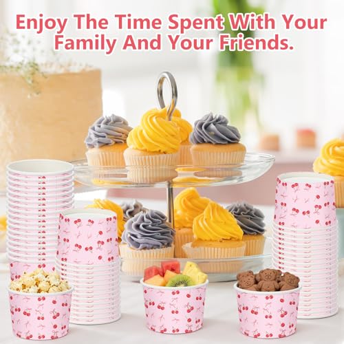 Image of Funnymoom 50 Pack Cherry Bow Ice Cream Cups 9 oz Pink Bow Cherry Disposable Dessert Bowls Coquette Paper Soup Bowls Snack Cups for Hot or Cold Food for Baby Shower Wedding Bachelorette Birthday Party